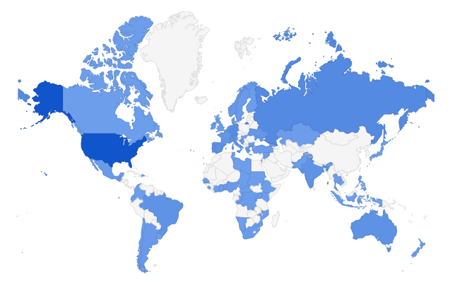 Map showing where survey respondents live. The following countries are highlighted in blue: Argentina, Australia, Belgium, Benin, Bosnia & Herzegovina, Brazil, Bulgaria, Burundi, Cambodia, Canada, Catalonia, Central African Republic, Chad, Chile, Colombia, Congo, Dem. Rep, Congo, Rep, Cote d'Ivoire, Croatia, Danmark, Dominican Republic, Donetsk People Repablick, Ecuador, Ethiopia, Finland, France, Georgia, Germany, Ghana, Greece, Guatemala, Hungary, India, Indonesia, Ireland, Israel, Italy, Japan, Kazakhstan, Kenya, Libya, Luxembourg, México, Moldova, Mozambique, Namibia, Netherlands, New Zealand, Nigeria, Norway, Pakistan, Philippines, Portugal, Russia, Rwanda, Scotland, Senegal, Sierra Leone, South Africa, Spain, Sudan, Sweden, Switzerland, Syria, Thailand, The Gambia, Togo, Tunisia, Turkey, Uganda, UK, Ukraine, Uruguay, USA    